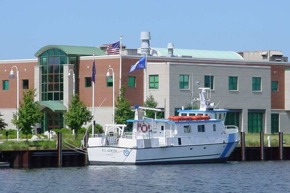The W.G. Jackson research vessel docks outside of the AWRI Lake Michigan Center.